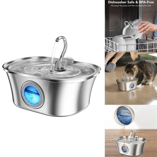 AquaPet Steel 3.2L – Fuente Automática de Acero Inoxidable con Filtro y Visor de Nivel